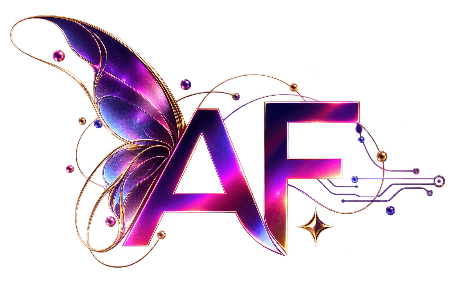 Colorful metallic AF monogram with butterfly and circuit details